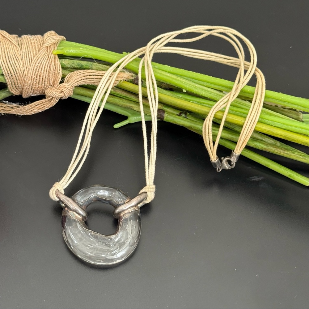 Vintage Sterling Handcrafted Glass Donut O-Ring Pendant Cord Modernist Necklace